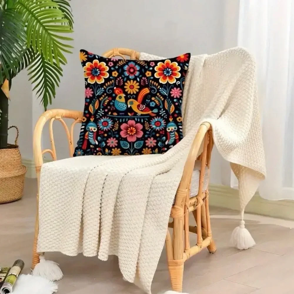 Vibrant Boho Floral Pillow Covers – Set of 4 – Colorful Folk Art Prints 18x18